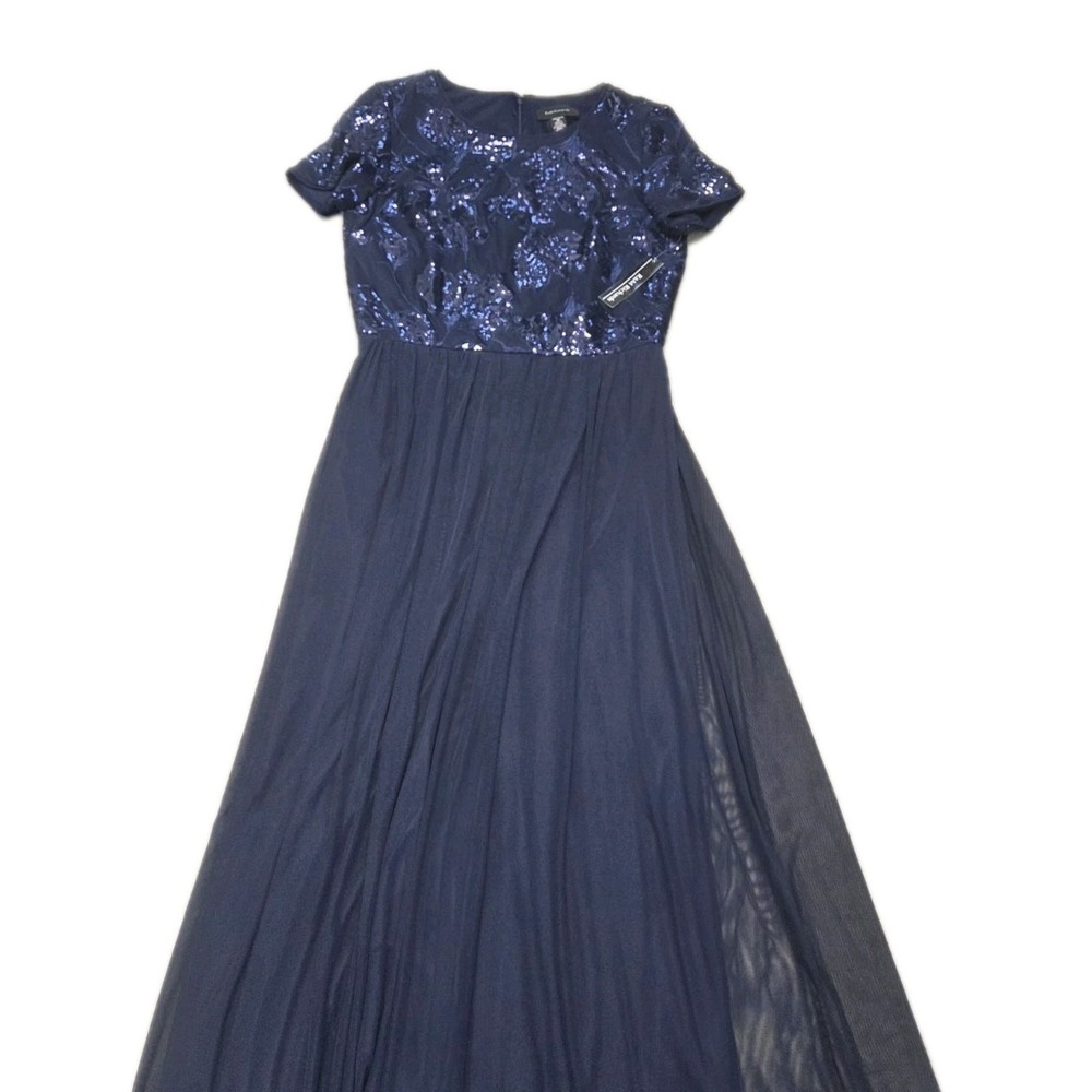 NWT R&M Richards Navy Sequin Long Evening Dress Women 10 Ruffle Mesh Maxi Gown